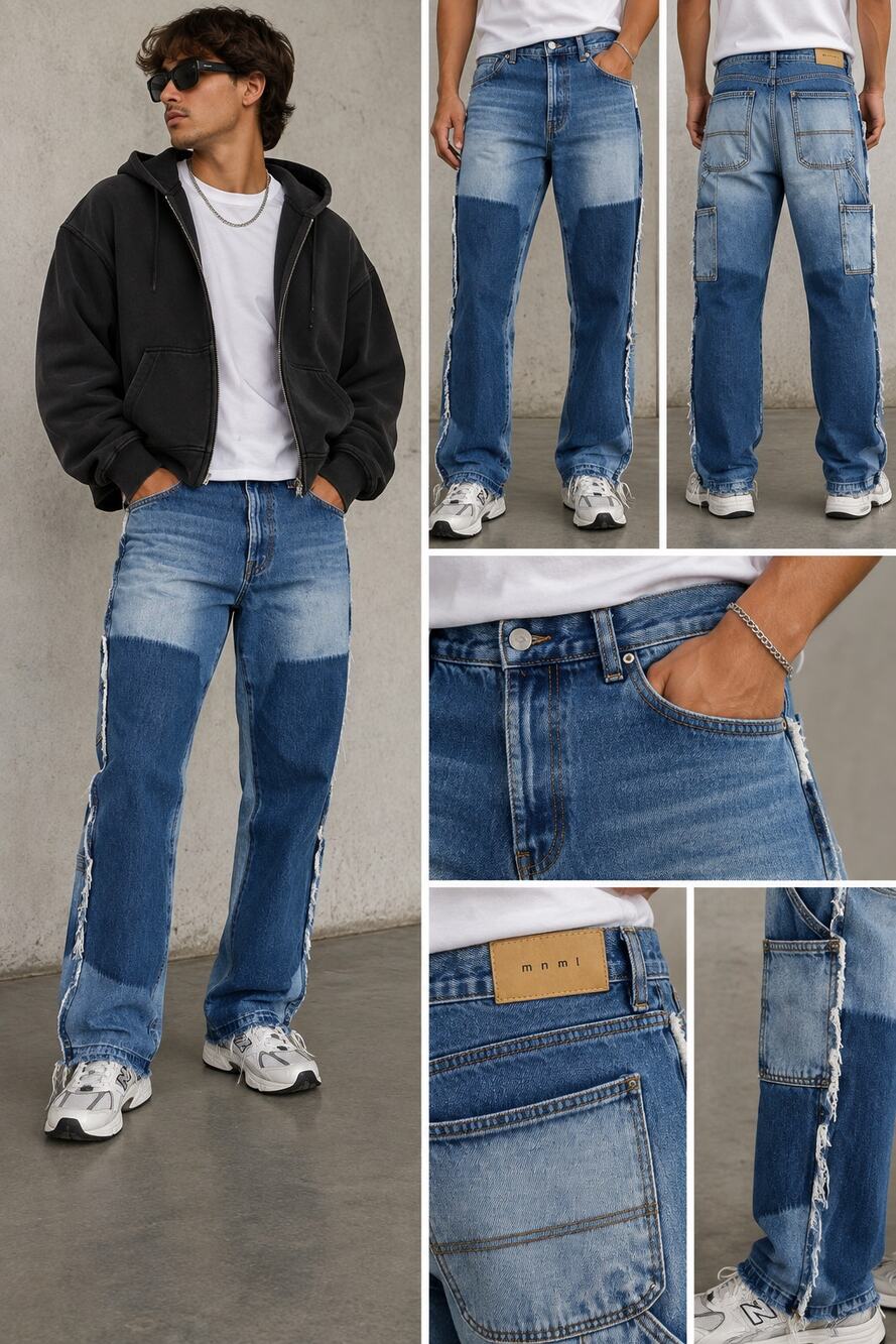 MNML Two Tone Patchwork Jeans Mens Distressed Raw Hem Utility Denim